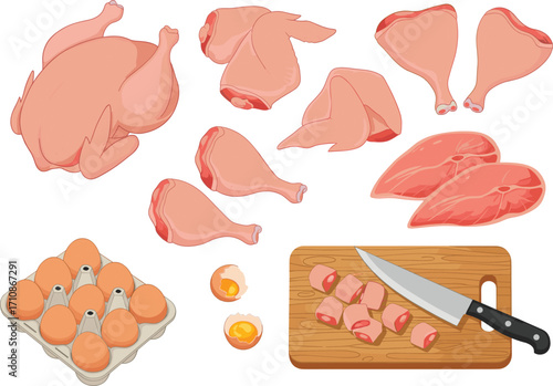 Raw chicken, beef steak, eggs, meat cuts, food ingredients, protein sources, kitchen prep, cooking concept, butcher board, culinary illustration