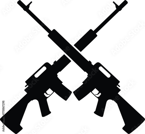 Two crossed assault rifles in a stark black silhouette
