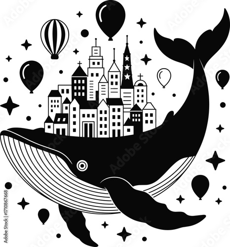 Whimsical whale carrying a cityscape and hot air balloons silhouette