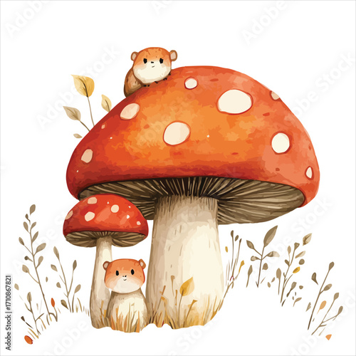 Adorable watercolor illustration of a large red spotted mushroom with two cute squirrels fly agaric
