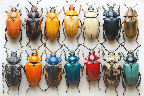 Group of beetles on white wall.