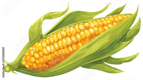 Fresh Flat Vector Corn Cob with Husk Leaves and Yellow Kernels for Design Projects
