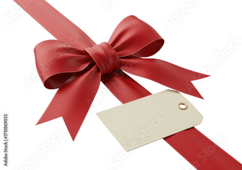 Luxurious red satin bow with crisp white edges and a premium cream gift tag, meticulously tied and angled on a transparent background with shadowless studio lighting, commercial product concept