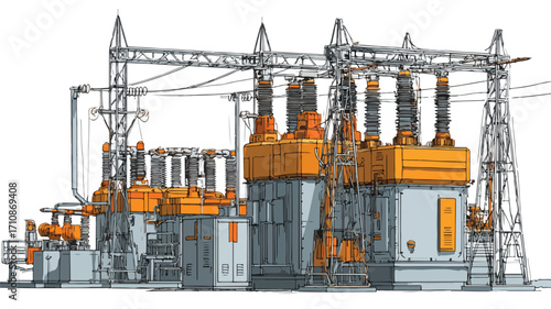 Modern Electric Power Substation with Transformers in Flat Vector Style