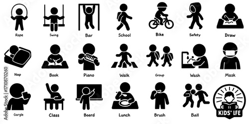 子どもの生活を表すピクトグラムセット、Kids’ Daily Life Pictograms Set