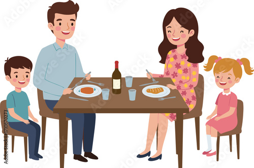 Cartoon family dining together at home, parents and children sharing meal, happy moment, casual clothes, colorful table, joyful bonding scene