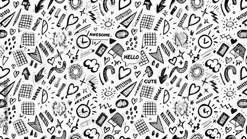 Punk doodle scribbles seamless pattern. Kid's drawings, hand drawn childish funky shapes, crayon drawn squiggles and scrawls. Creative abstract vector messy doodles background. Quirky scribbles.