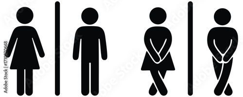 Stickman restroom icons showing male and female bathroom symbols with urgency posture for toilet, wc, and washroom design concepts