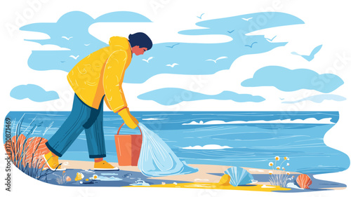 Eco-Friendly Activist Cleaning Beach, Environmental Conservation Concept