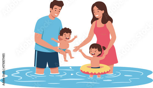 Cartoon family enjoying shallow water, kids playing with swim ring, parents bonding, summer fun, outdoor activity, parenting, happiness, pool safety, togetherness