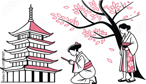 Elegant Japanese scene with pagoda, women in kimonos, cherry blossoms, cultural artistry