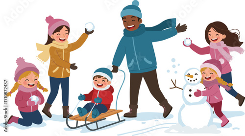 Children playing in snow, winter fun, snowball fight, sledding, snowman, outdoor activity, holiday season, happy kids, cold weather, joyful moments