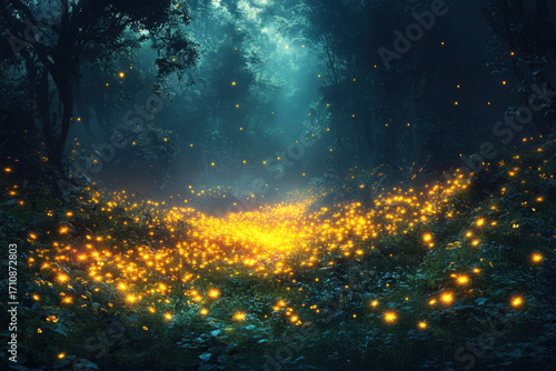 Fireflies glowing among trees in a dark forest.