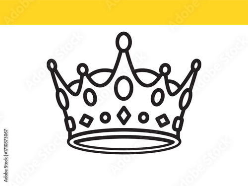 Elegant Crown Outline Design Royalty Symbol Black and White Illustration Isolated on White Background with Yellow Accent for Creative Projects