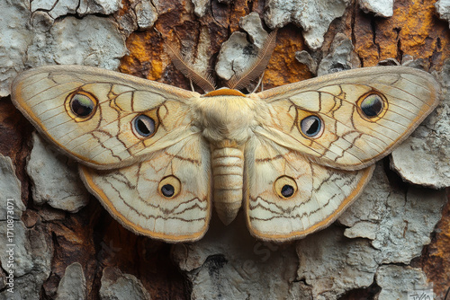 Moth resting on tree trunk.