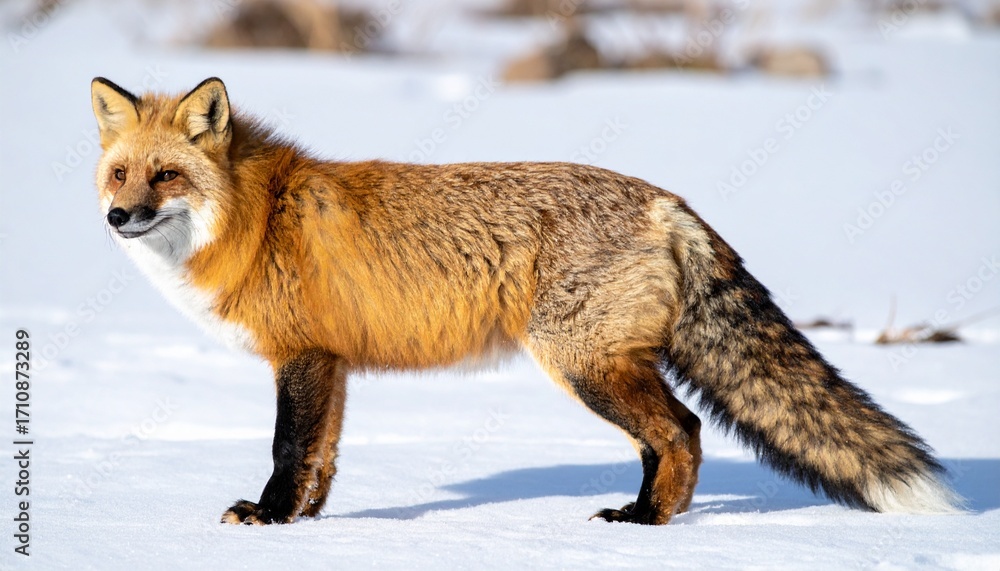 Fototapeta premium Wild Red Fox with Fluffy Tail Standing on Snow Field for Premium Animal Object and Wildlife Concept
