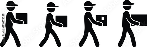 Stickman courier delivery icons showing man carrying packages and boxes for shipping, logistics, and fast service silhouette design