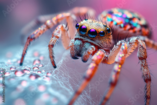 Jumping spider with colorful eyes.