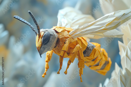 Paper bee with a yellow and black head.