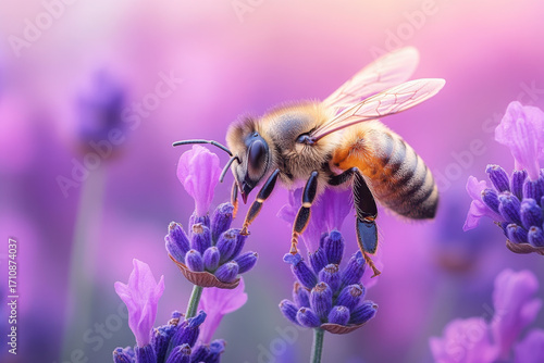 Bee collecting nectar on lavender blossoms.