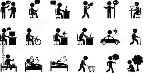 Black silhouette icons of people in daily activities, communication, work, leisure, transportation, creativity, shopping, rest, lifestyle, modern life, interaction