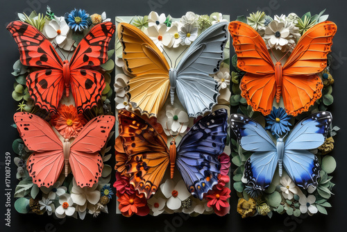 A group of paper butterflies fluttering in the air.