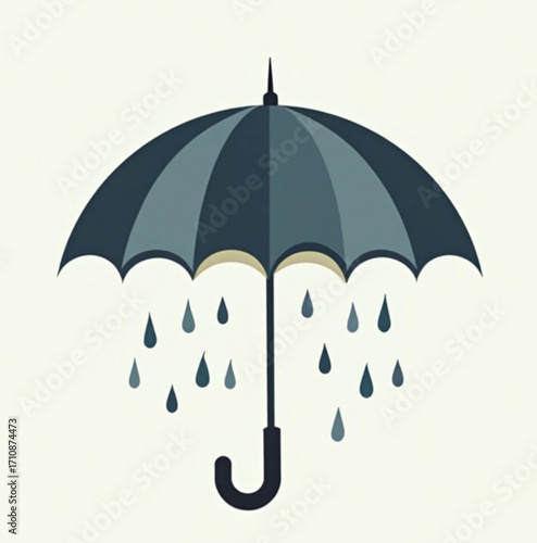 Umbrella Protection: Minimalist illustration showcases a sleek, dark-toned umbrella, accompanied by stylized raindrops, symbolizing shelter from the elements