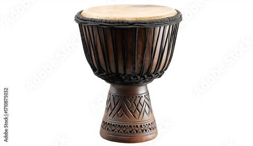 an advertisement photo of an african drum isolated on a white background,