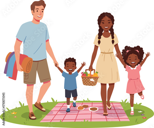 Cartoon family picnic outdoors, cheerful children, nature outing, summer fun, bonding moment, food basket, grassy field, digital illustration, togetherness, leisure