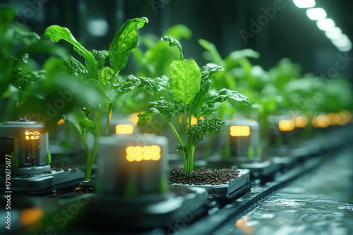 Row of greenhouse plants growing.