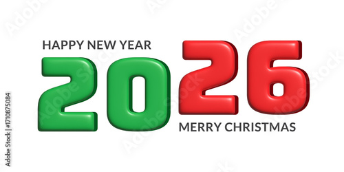 Happy New Year 2026 and Merry Christmas PNG on Transparent Background Festive Holiday Greeting Design with Red and Green Typography Seasonal Celebration Graphic for Cards, Banners, and Digital Use