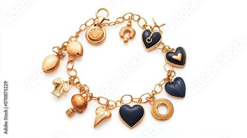 Elegant charm bracelet adorned with heart-shaped pendants and unique charms in a stylish golden design.
