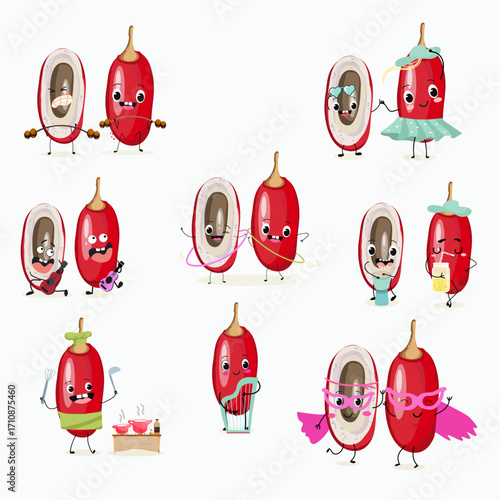 Miracle fruit funny characters, hand drawn vector illustration.
