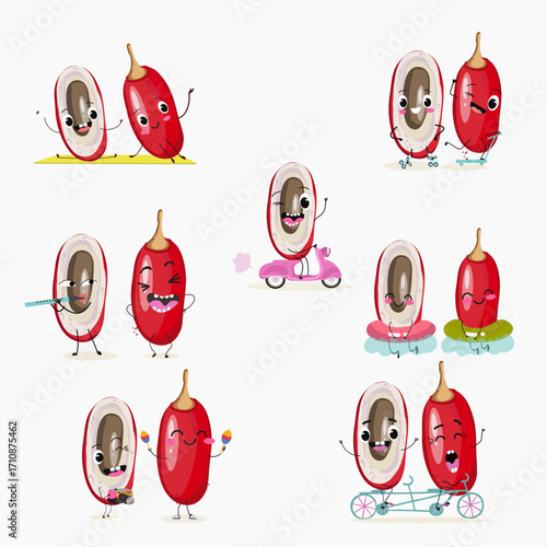 Miracle fruit funny characters, hand drawn vector illustration.