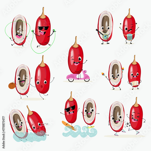 Miracle fruit funny characters, hand drawn vector illustration.