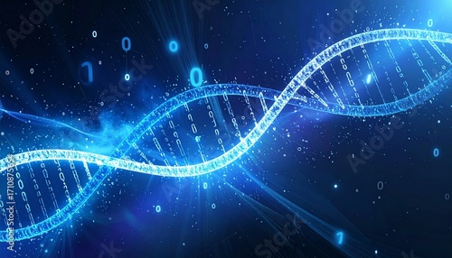 futuristic 3d illustration of dna strand visualized with binary code and light particles symbolizing bioinformatics and genetic data