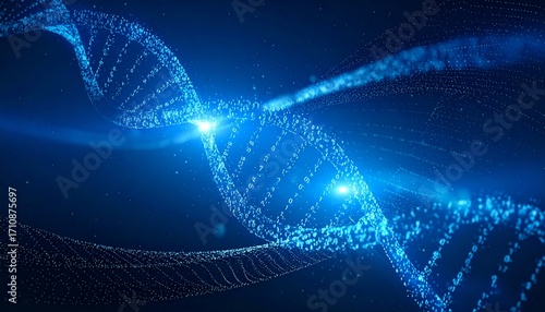 futuristic 3d illustration of dna strand visualized with binary code and light particles symbolizing bioinformatics and genetic data