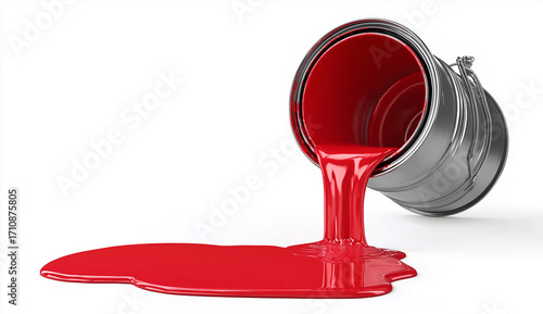  red paint pouring from a can, isolated on a white background with a clipping path. 3d rendering, close-up shot, 4k resolution, ultra-realism, high detail, stock photography,
