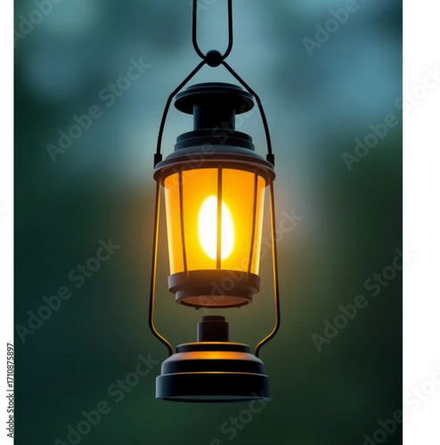 Lantern in the Darkness: An antique lantern glows warmly against a backdrop of blurred greenery, inviting contemplation and evoking feelings of nostalgia. 