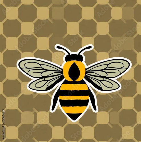 Golden Bee Illustration: This illustration portrays a stylized bee, set against a honeycomb backdrop, embodying the essence of natural pollination and the delicate balance of nature. 