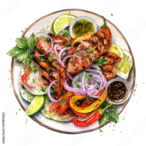 Watercolor vector illustration of Fajita Platter, isolated on white background.