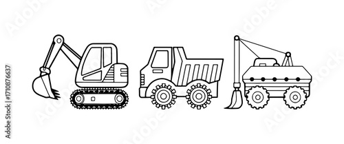 Construction machinery including an excavator, dump truck, and bulldozer in a workspace setting at a building site