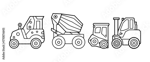 Construction vehicles line up in a playful illustration showcasing excavator, mixer, bulldozer, and loader designs