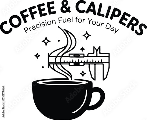 Coffee and Calipers Logo – Monochrome Coffee Cup with Vernier Caliper, Precision Emblem