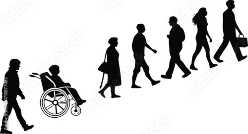 Diverse silhouettes walking forward together, inclusivity and accessibility concept, vector illustration