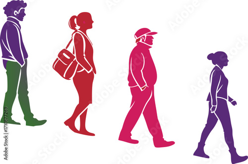 Walking people silhouettes, diverse group moving forward, urban lifestyle concept, vector illustration