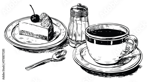 Vintage Grunge Black and White Diner Set with Coffee Cup