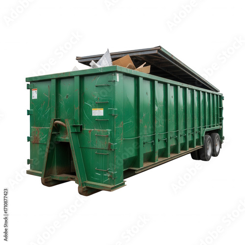 Large green roll off dumpster filled with debris ready for waste removal services transparent background