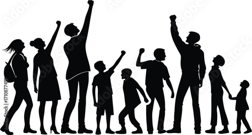 Empowered diverse group raising fists in solidarity for social justice and equality, unity and activism