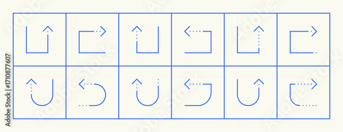 Arrow icon set. Different direction arrows, direction, navigation, way-finding, forward, upward, crossroad, turn right and more.